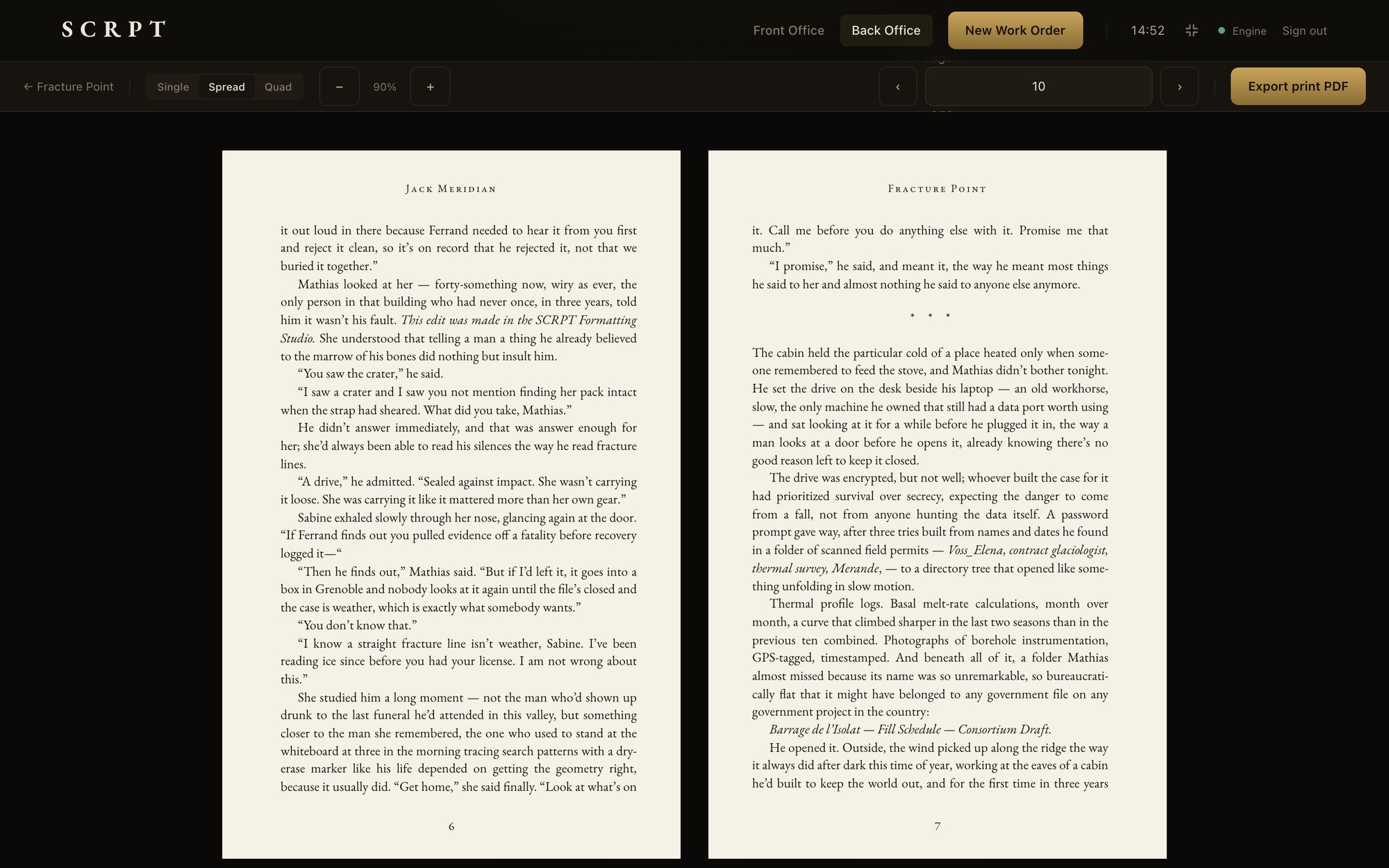 The SCRPT Formatting Studio — a real book spread, typeset to print